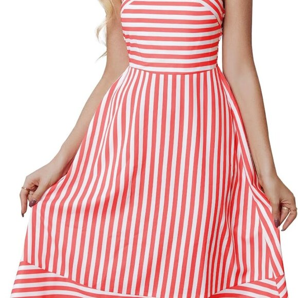 Striped Sleeveless Midi Dress for Women Spaghetti Strap Backless Beach Summer - Picture 1 of 6